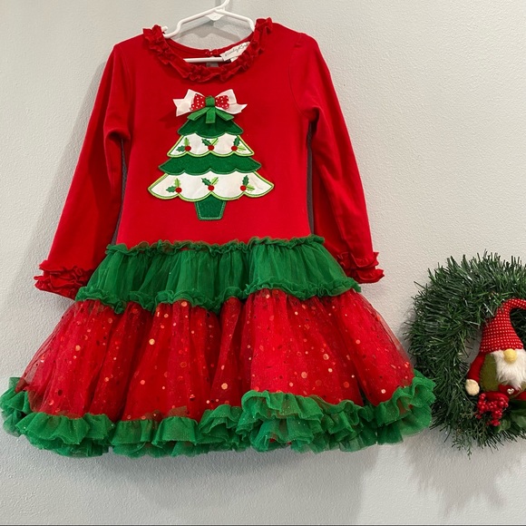 Emily Rose Christmas Tree Dress Long Sleeve Red Knit Top Sparkly Net Tutu Skirt - Picture 6 of 6